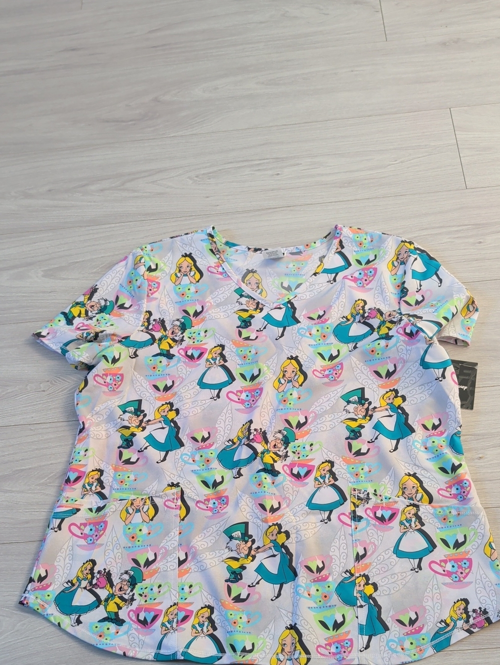 Disney Womens Alice In Wonderland Print Short Sleeve Healthcare/Scrubs Top